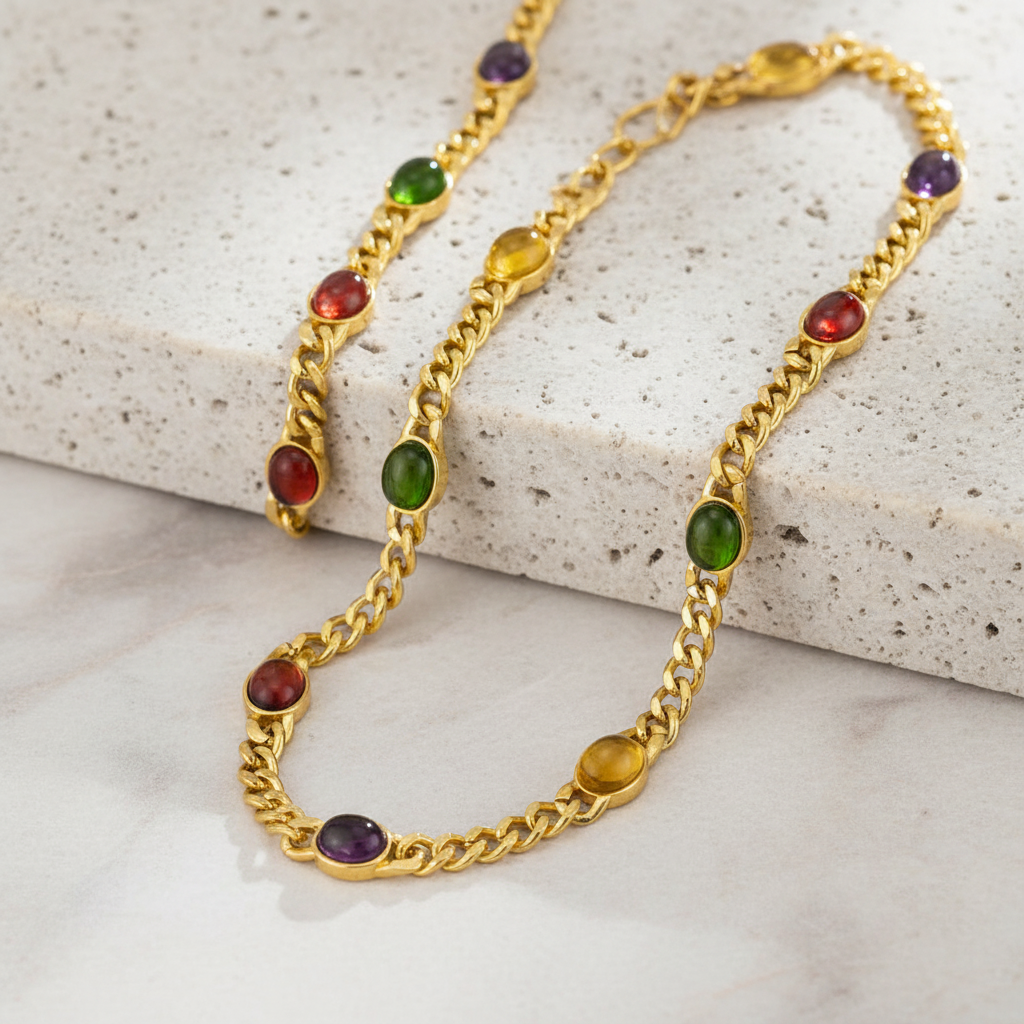Men's Necklace or Bracelet - Iron Multi-Gemstone Cuban Link Chain - metal content