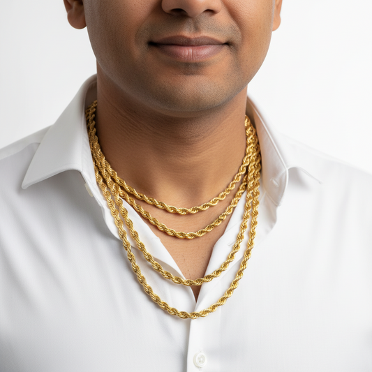 Man wearing a white shirt with gold rope chains on a plain background