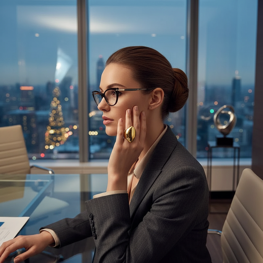 business woman with glasses at conference table wearing long gold dome ring in front of floor to celling windows
