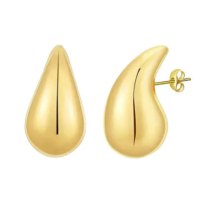 Metal Content 18K gold plated teardrop earrings with smooth polished finish and secure backings on white background