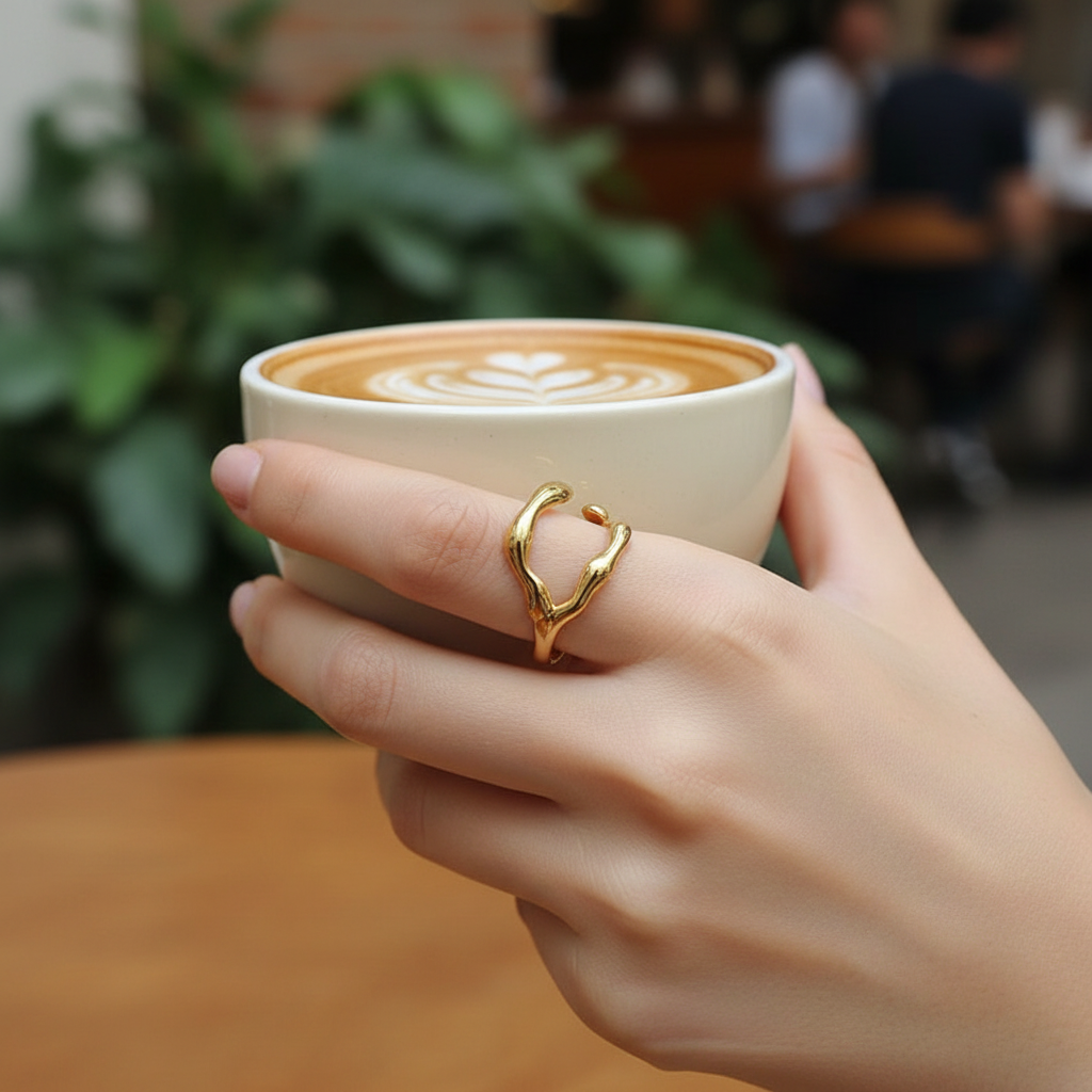 Hand holding a cup of coffee with a open 3 prong ring on a blurred background